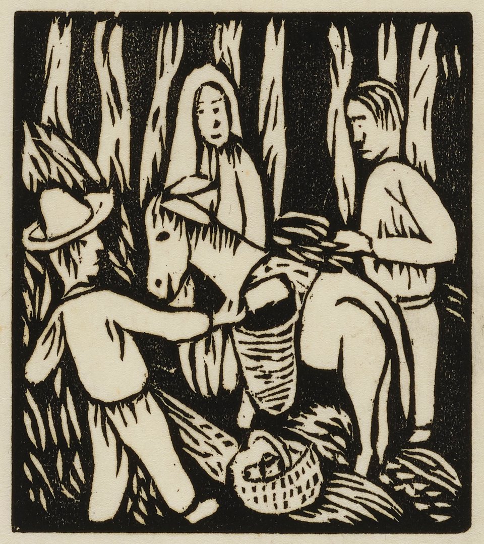 a black and white relief print image of three people and a donkey