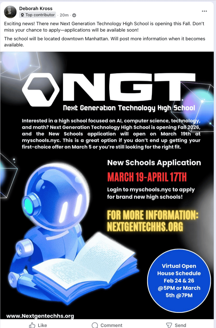 an advertisement for Next Gen Technology High School, with a robot reading, that advertises its focus on AI