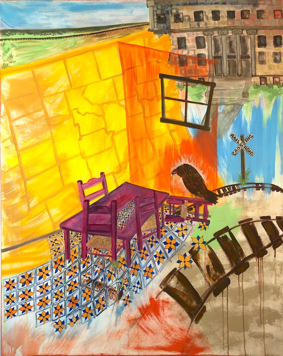 A painting of a vulture at a table