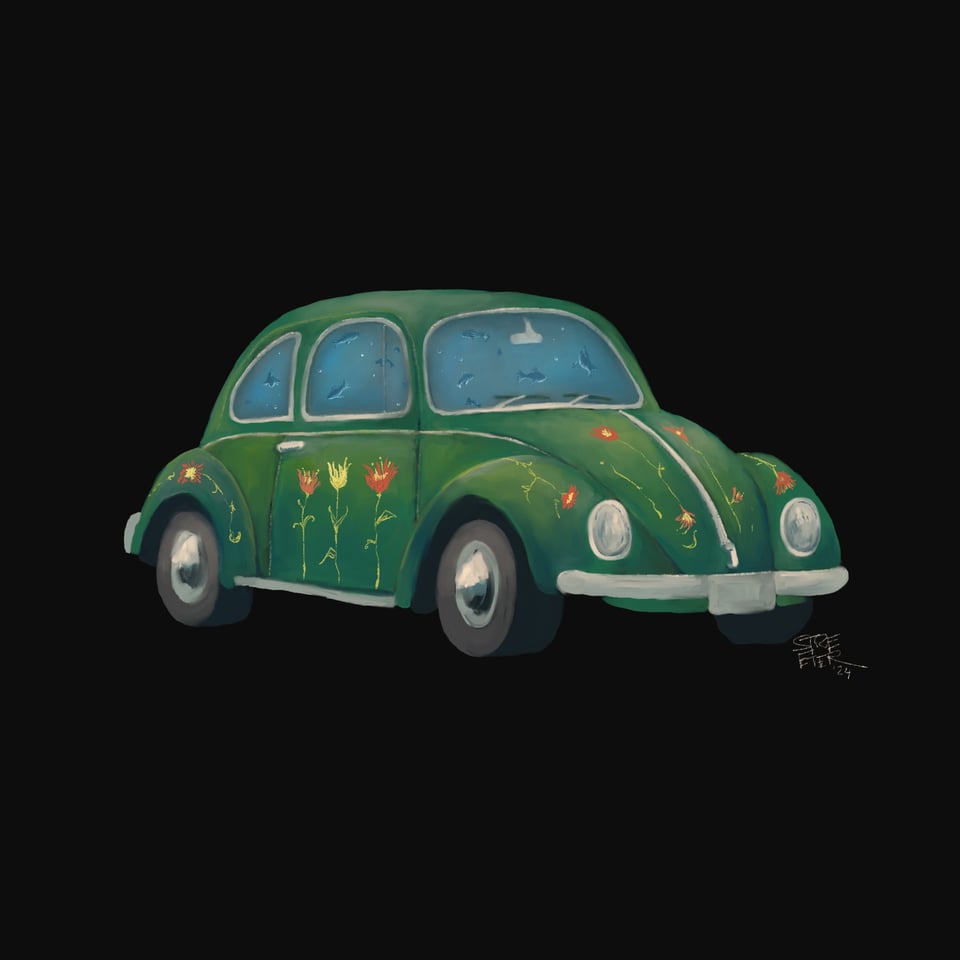 Illustration of a VW bug painted with flowers and filled with fish