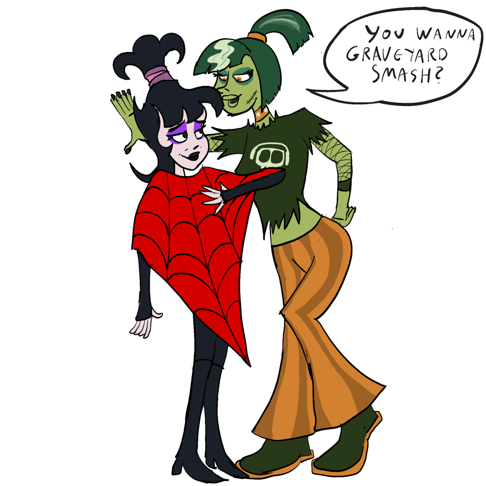 Carmella Creeper flirting heavily with Lydia Deetz, who is swooning. Carmella is a green skinned goth girl thing with a skull t shirt, striped black hair, striped pants, headphones, giant soled shoes, and fishnet sleeves who is clearly trans. Lydia is the animated series version, a pale goth woman wearing black tights and sleeves under a red spiderweb pattern poncho. Dialogue reads "You wanna graveyard smash?"