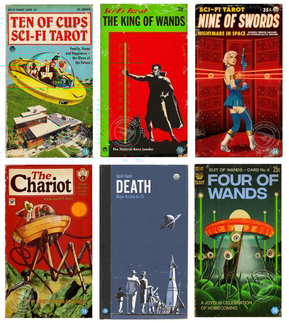 Six images of the sci-fi tarot cards. Each one looks like a pulp sci-fi novel from the 1940s and 1950s. The first one is "10 of cups", and shows a 1950s-style family riding along in their yellow flying saucer, high above a suburban mansion and a green field. The next is "the king of wands" and it shows grim cartoon of a black and white man in a cape, holding a glowing green wand, set against a red background with, far in the background, a dark castle on a hill. The next is "nine of swords", showing a woman with a Marilyn Monroe style appearance -- dressed in a short blue skirt, blue leggings and white boots, holding a blue space pistol aloft, as she turns her head around to look at the viewer, with an expression of surprise; behind her three glowing red banks of computers. The next is "the chariot", and it shows a man piloting a three legged UFO across a rocky green surface. The next is "death", and it shows a gray cartoon of a family, dressed in 1950s clothing, walking away from us and towards a line of people that recede into the distance towards the base of a spacecraft that is pointed towards the sky; everyone is apparently getting into the spacecraft, and in the sky above is a ringed planet. The final one is "four of wands, and it shows a cartoon of a glowing red flying saucer that has landed on the ground, from several aliens are emerging and waving at a crowd of similar aliens who gathered around to greet them. The aliens are composed of a large round body that is mostly just an eye, with two spindly legs and two spindly arms.