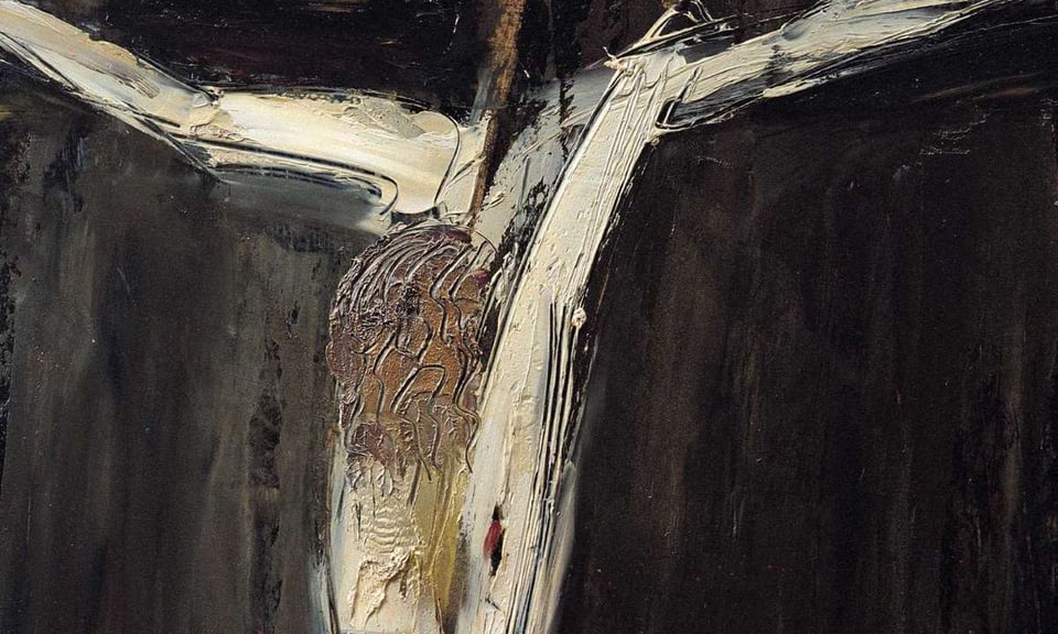 William Congon's "Crucifix No. 2", a painting depicting Christ on the cross with head hung, body pale and surrounded by darkness, smeared and miserable