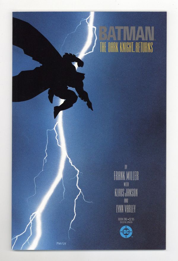 The cover to Dark Knight Returns #1. Batman's silhouette as he leaps through the air in front of a lightning bolt.