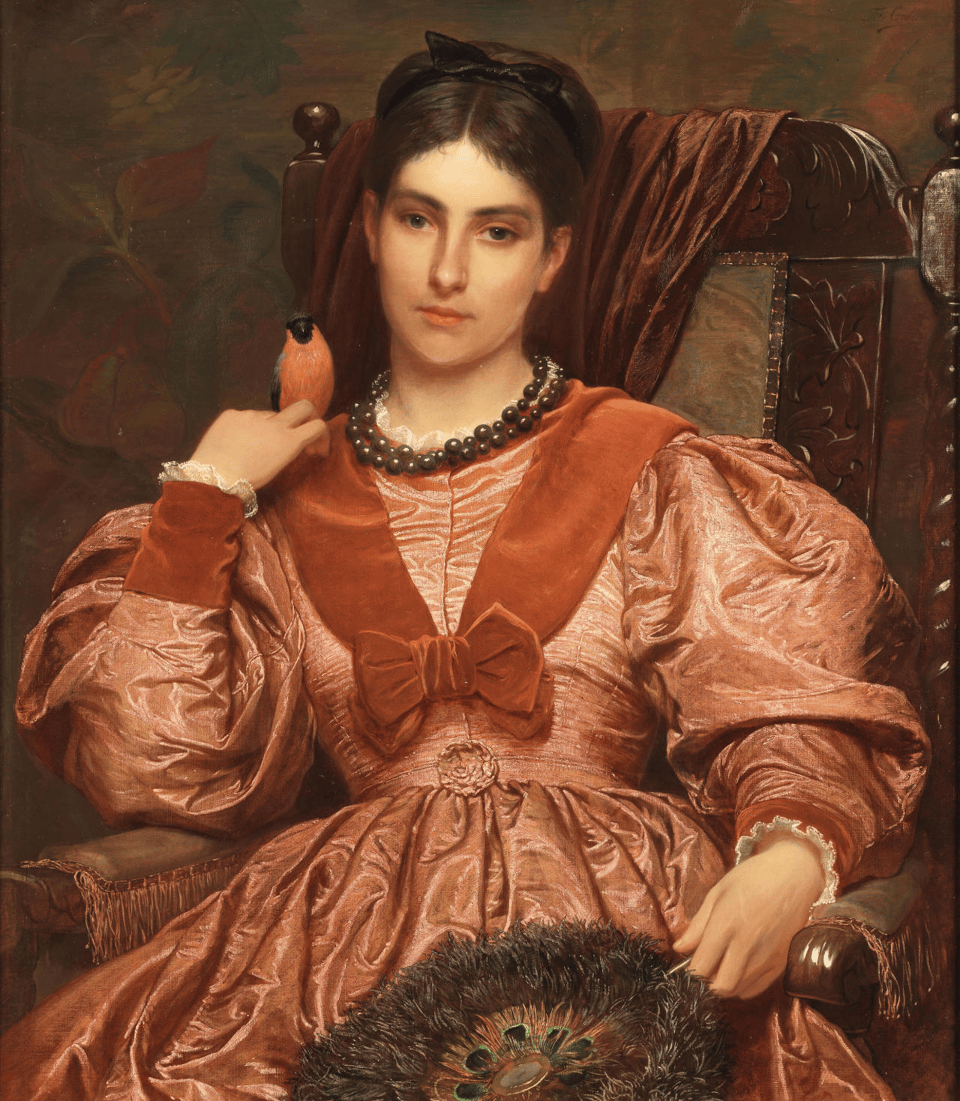 Portrait of a young woman in a light pink gown with large sleeves, holding a feather fan in one hand, with a finch on her shoulder.