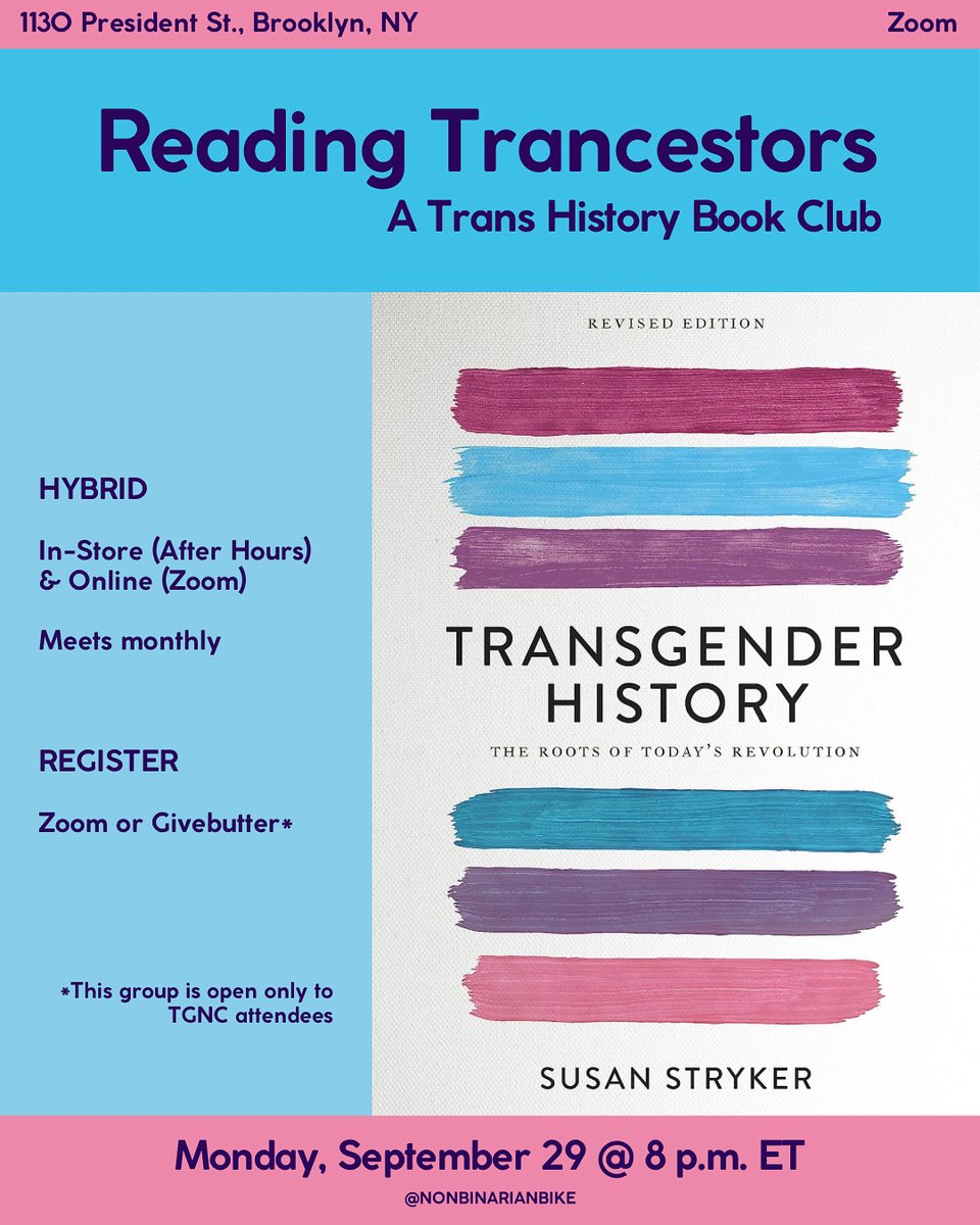 The cover of Transgender History by Susan Stryker is framed by information about Reading Trancestors on September 29, 2025.