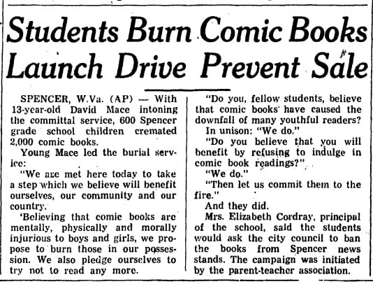 Image of a 1948 news story of a comic book burning at a Spencer, West Virginia, school.