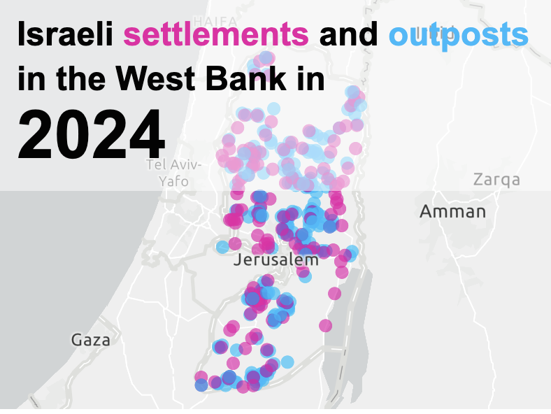 A map of the West Bank that shows pink and blue dots nearly covering the territory, with pink for settlements and blue for outposts