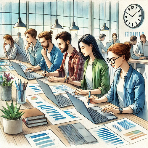 People working with laptops and a big watch behind them