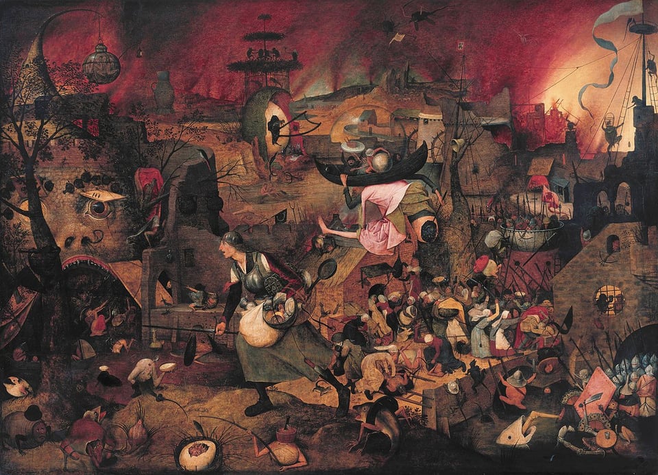 A complex painting in hellish reds and blacks, showing a woman armed with a frying pan on her way to a hellmouth and surrounded by strange chimeras.