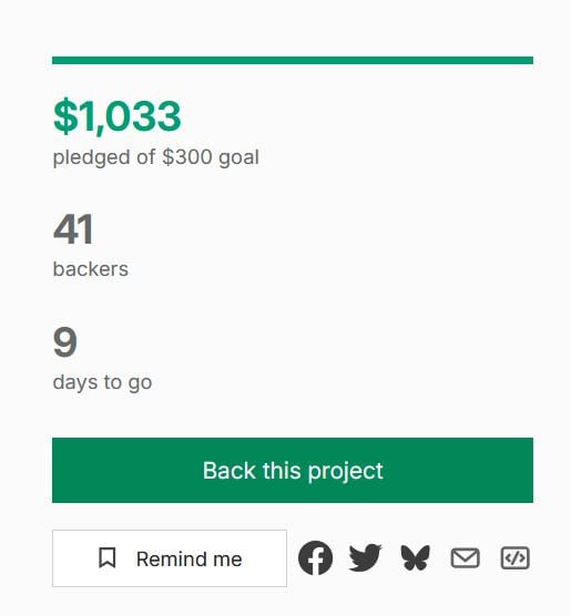 a screencap showing that my kickstarter is at $1033