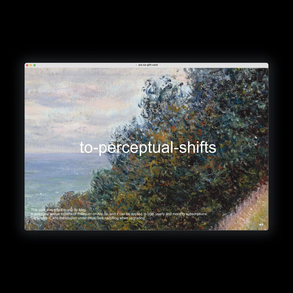 A digital gift card with the image of an impressionistic painting and the text to-perceptual-shifts printed on it