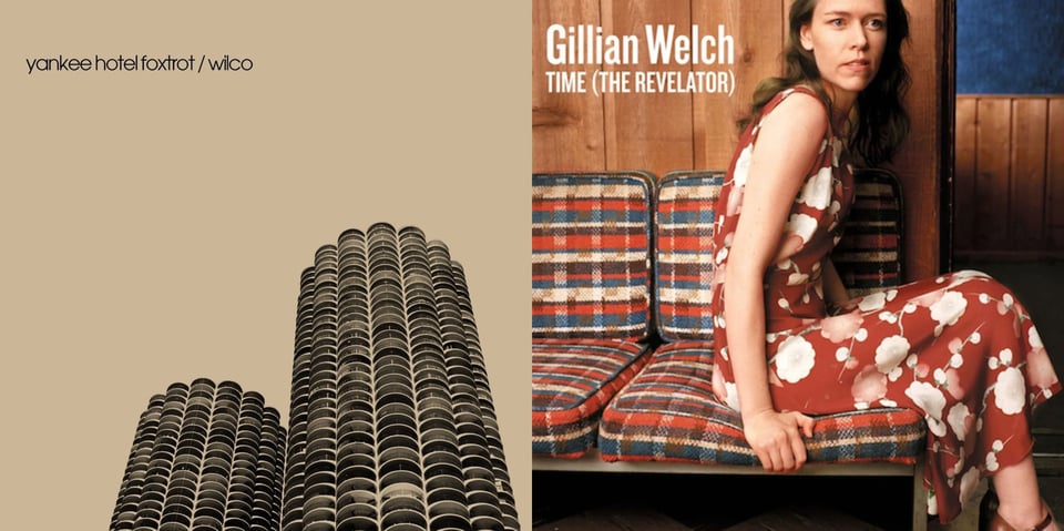 First pic: A low angle photograph, tinted beige-brown, of the two towers of the Marina Complex building in Chicago. It is unsual-lookingin that every level consists of disc or clam-shaped balconies, just hundreds of them stacked on top of each other. Second pic: Gillian Welch, a thin white woman with long brown hair, sits on a table that have cushions on them. (They're calling this a futon in the Bluesky comments but honestly I don't think that's what this is. That looks like storage underneath the cushions.) She is in a red dress covered with white flower shapes. The cushions have a multicolored, striped, kind of plaid pattern on them. The woman looks off to the right with a slight look of puzzlement.