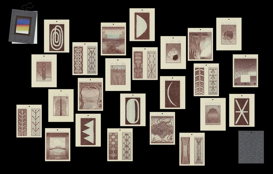 the book's pages laid out, with panels of illustrations or symbols in brown & cool gray ink