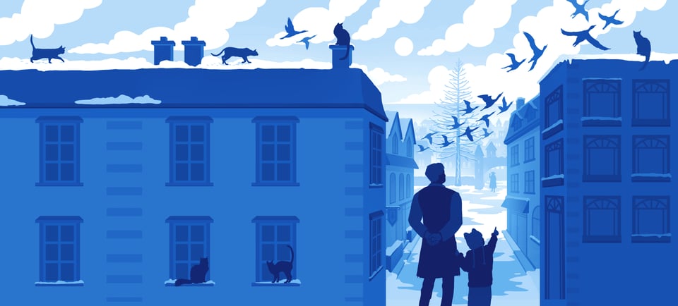 A full spread with city buildings that have cats on rooftops and windowsills. THe front of the cover is a masculine person and a child standing in a wintry street. The child is pointing at a flock of ducks flying upward.