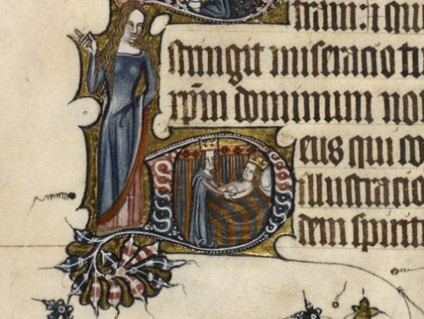 medieval manuscript, decorated initial, woman lying in bed (naked?) speaking to a standing clothed man