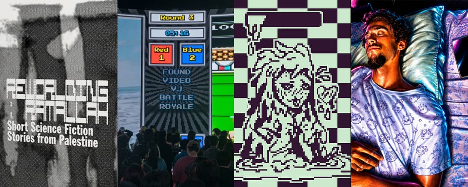 A mosaic of images from the works "Reworlding Wamallah", "Rect.Repair", the "wareware" game engine, and "Grinding Choices"