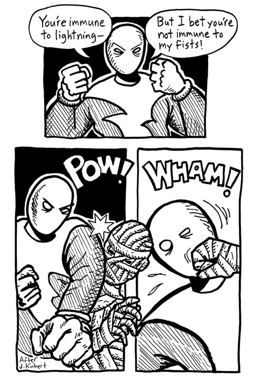 A page from the comic, showing Lightning Man punching The Mummy, and then the Mummy punching Lightning Man.