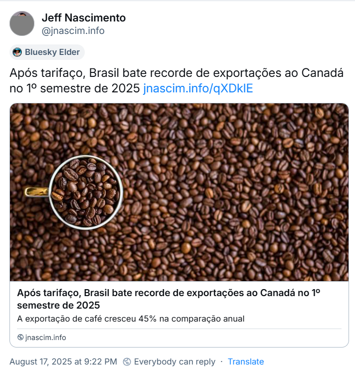 Post de Jeff Nascimento (‪@jnascim.info) com link para matéria da InfoMoney e o texto: Após tarifaço, Brasil bate recorde de exportações ao Canadá no 1º semestre de 2025