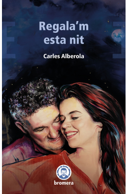 The image features a book cover titled "Regala'm esta nit" by Carles Alberola, depicting an illustration of a couple embracing with a dreamy background.