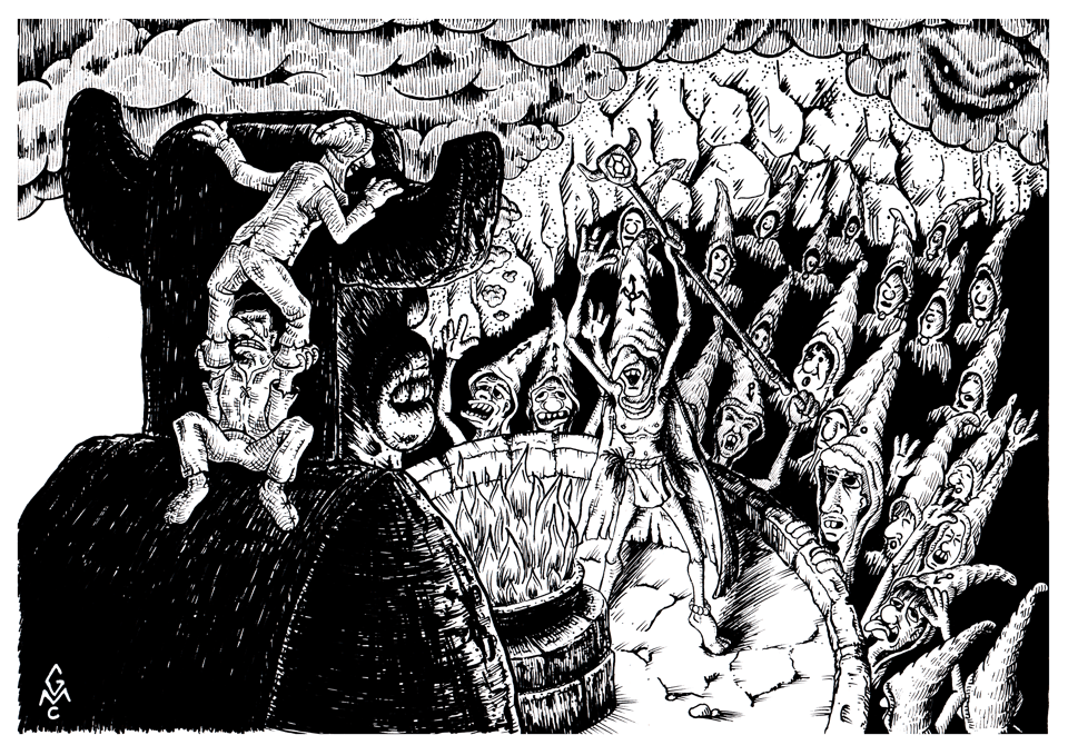 A black and white line illustration showing cultists worshiping a giant stone statue, where thieves hide behind it