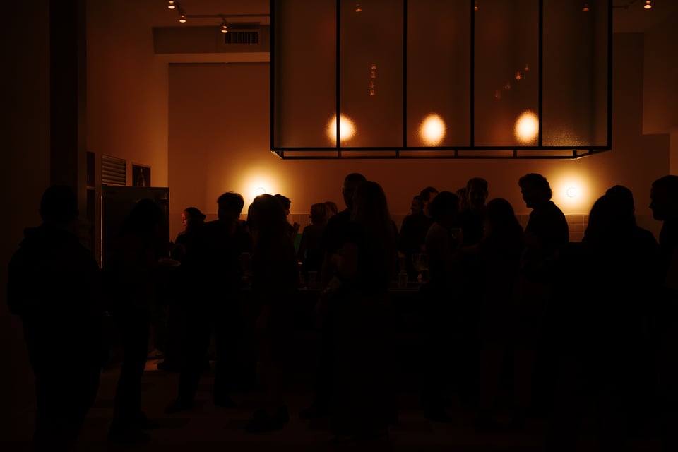 People gather around a kitchen at night. Lights hang overhead and in the background, rendering everyone into just their silhouettes.