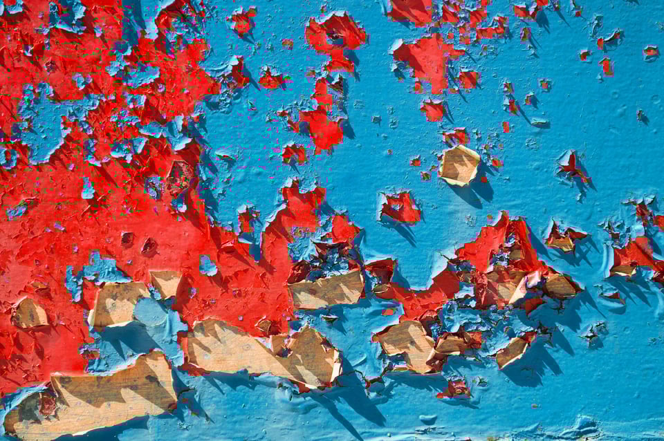 Layers of paint flaking off a wall photographed close up. The paint reveals at least three layers of color. Blue, the newest coat, over red, the prior coat, over white or beige the bottom coat, or underlying material. The majority of the right side is blue, the left side red, and the white in a line near the bottom.