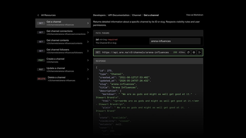 A screengrab of the Are.na developers page.