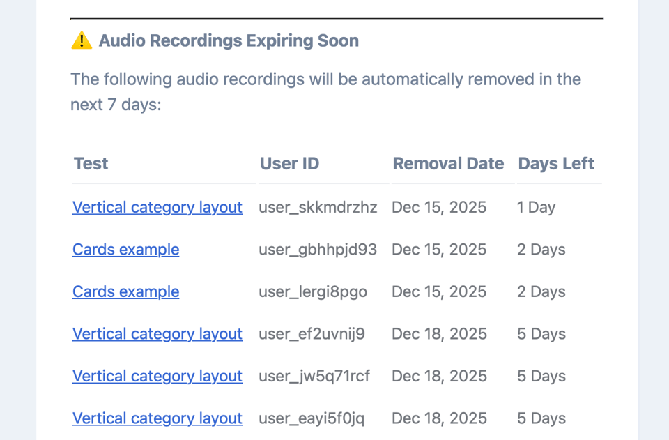Screenshot of audio recordings to be removed