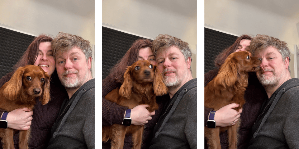 Radio licking my face whilst we try to have a family photo with Loz.