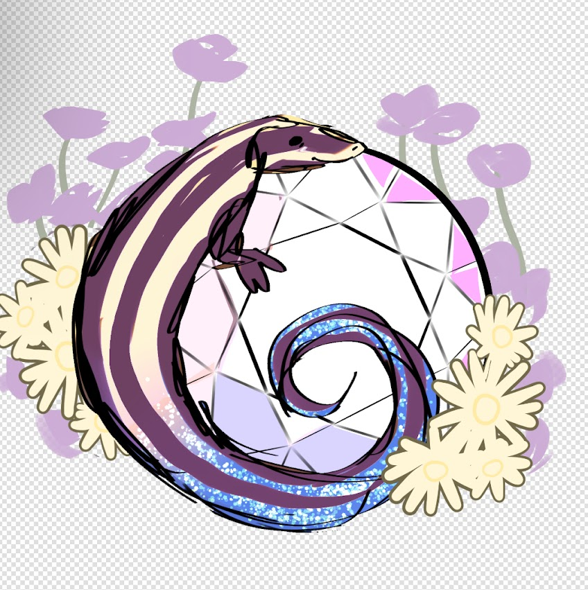 A rough sketch of a 5 line skink resting on a diamond. It's surrounded by daisies and sweet peas.