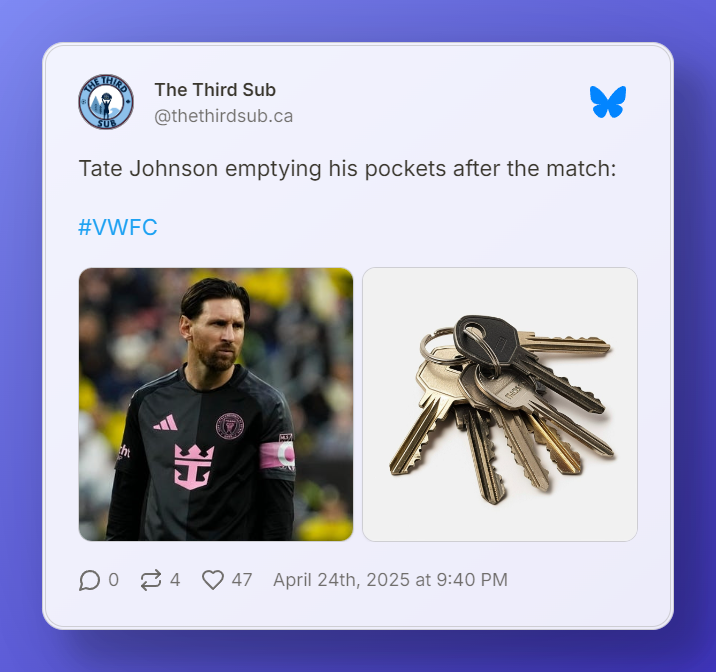 The Third Sub sharing on Bluesky, "Tate Johnson emptying his pockets after the match," with pictures of Lionel Messi and a set of keys.