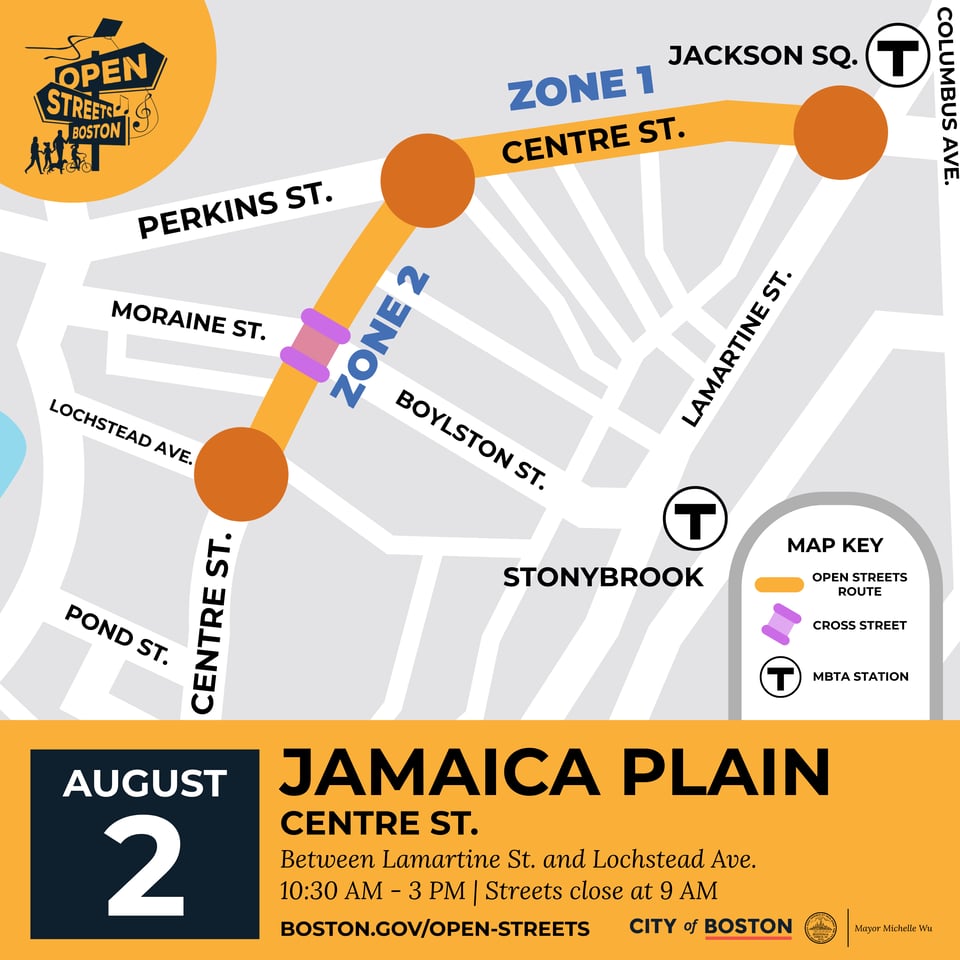 Map showing locations for Jamaica Plain Open Streets community fair