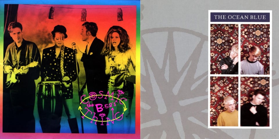 First pic: A photograph of the B-52's, tinted with a rainbow of colors, red to yellow to green to blue. They are arranged from left to right, in performance. First is Keith Strickland, a young white man with longish New Wavey hair, playing guitar and smiling. Second is Cindy Wilson, a young white woman wearing a bowler-shaped hat and a very long braid going down her shoulder to her waist. She wears a sparkly coat and is playing a bongo and singing. Third is Fred Schneider, a young white man with short hair, in a suit and tie, holding a microphone in a stand, and facing Cindy, singing to her. Last but not least is Kate Pierson, who has very big red hair that frames her face like a circle. She is wearing a shimmering dress and is singing into a microphone on a stand, and is facing (a presumed) audience.  Second pic: The left side is mostly taken up with four rectangular boxes, each with a photo of a band member. All the band members are white with blond hair, save one who has brown hair. All the photos are blurry. This is placed upon a greyish background, with a star-like symbol on it, kind of like a compass. This shape is blown up enough so we can't see the full figure of it.
