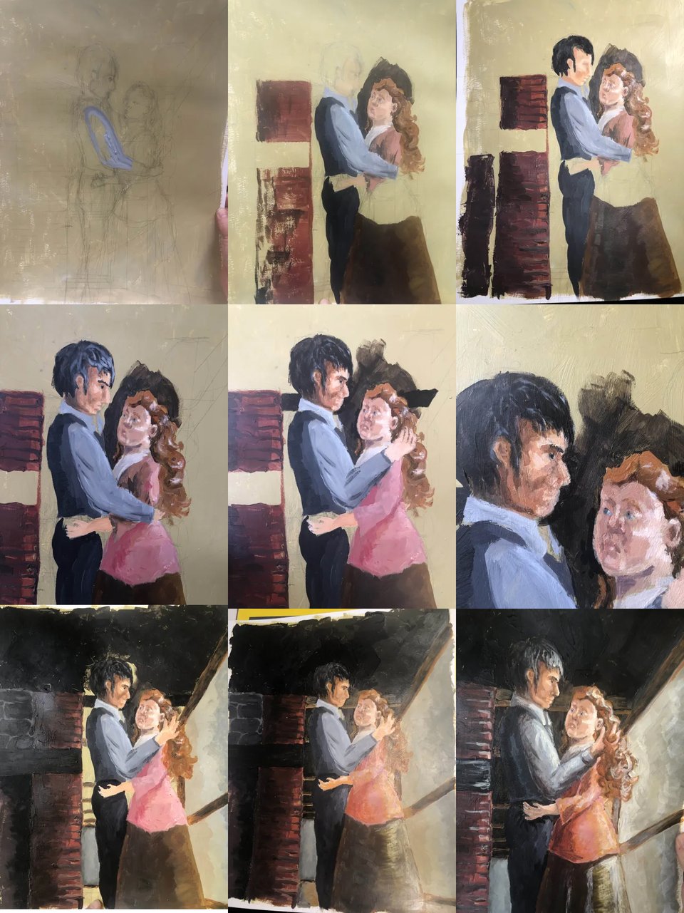 nine photos in sequence of various stages of a romance novel cover painted in acrylic, in which a white man with dark hair embraces a white woman with red hair in a room with plaster walls and a brick fireplace.