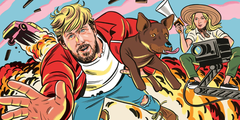 An illustration of Ryan Gosling jumping away from an explosion with a dog as Emily Blunt looks on in the background.