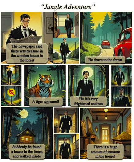 Comic featuring a guy who looks like Clark Kent finding treasure in a house in the woods. The prompt is "Jungle Adventure." The plot: Clark Kent reads that there is treasure in the house in the forest. He drives to the forest. He sees a tiger. He is scared and run. He finds a house and goes inside. There is treasure.