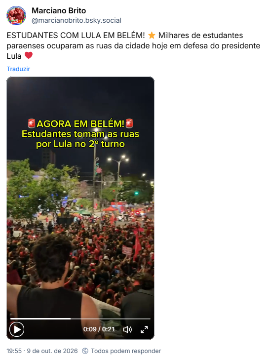 Post de Marciano Brito (@marcianobrito.bsky.social): ESTUDANTES COM LULA EM BELÉM! ⭐️ Milhares de estudantes paraenses ocuparam as ruas da cidade hoje em defesa do presidente Lula ❤️

Post contém vídeo