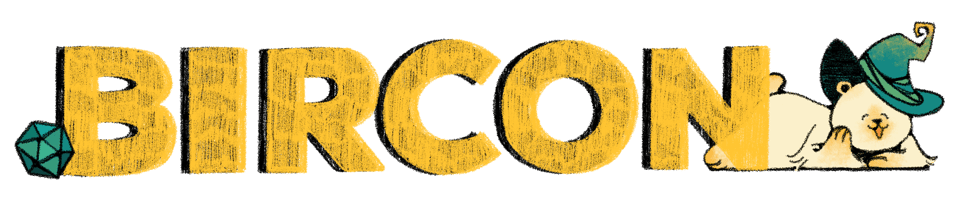 BIRCON logo with d20 and bear mascot.