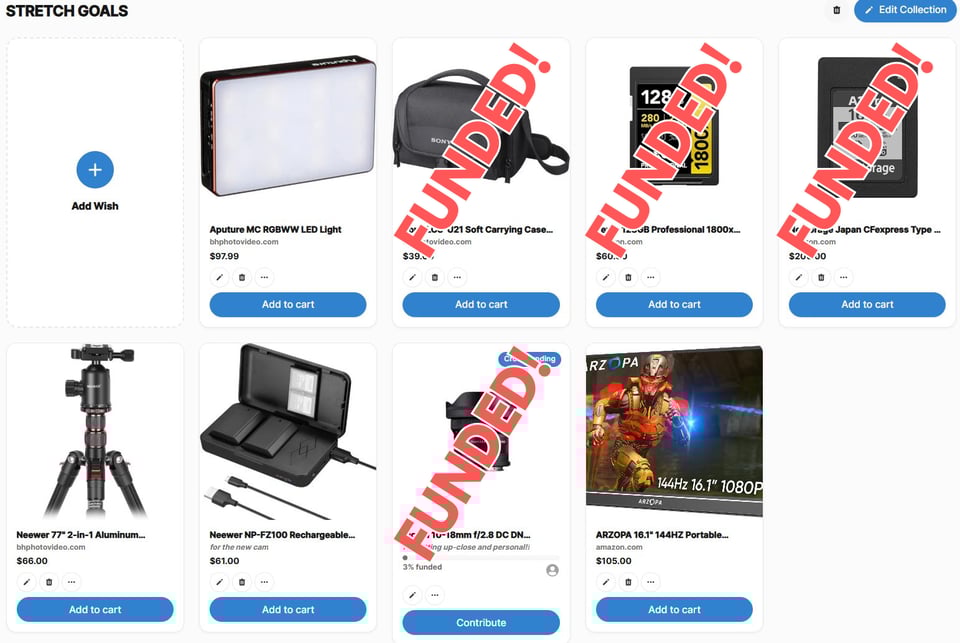 Screenshot of “Stretch Goals” category on Throne showing the products listed below.