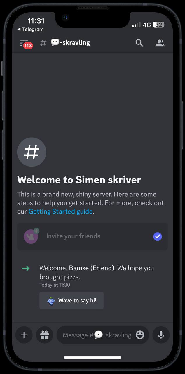Skjermbilde av det første du ser på discord når du er logget inn