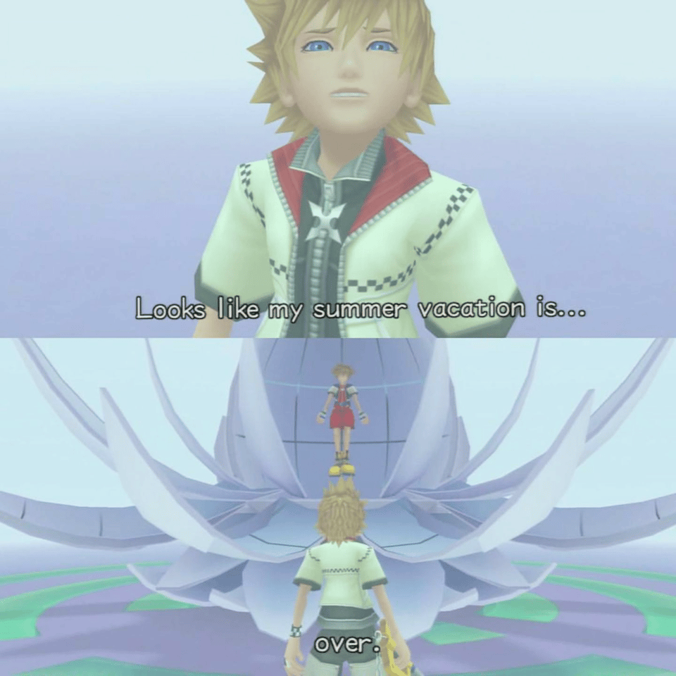 Two screenshots from the game Kingdom Hearts 2. A blond-haired boy is looking at a brown-haired boy floating inside an open flower. The blond-haired boy says "Looks like my summer vacation is over."