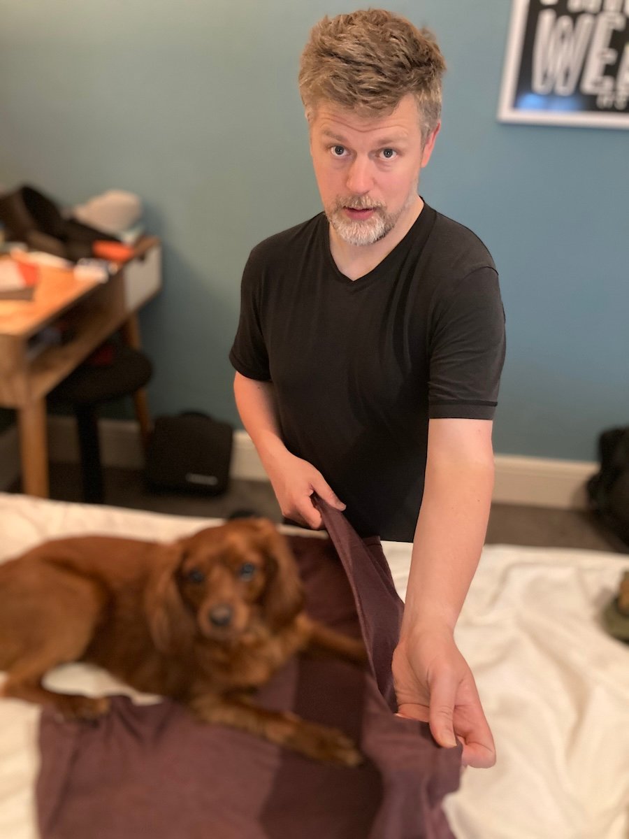 A cute dog sitting on a t-shirt.