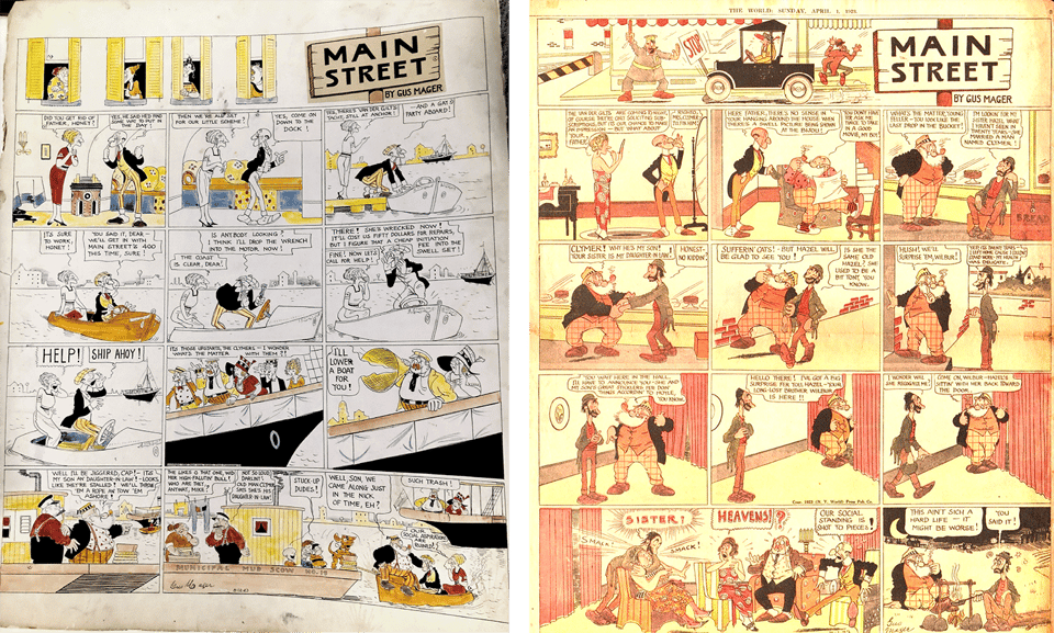 “Main Street” comic strip by Gus Mager: hand colored for the engraver at left; printed in newspaper at right
