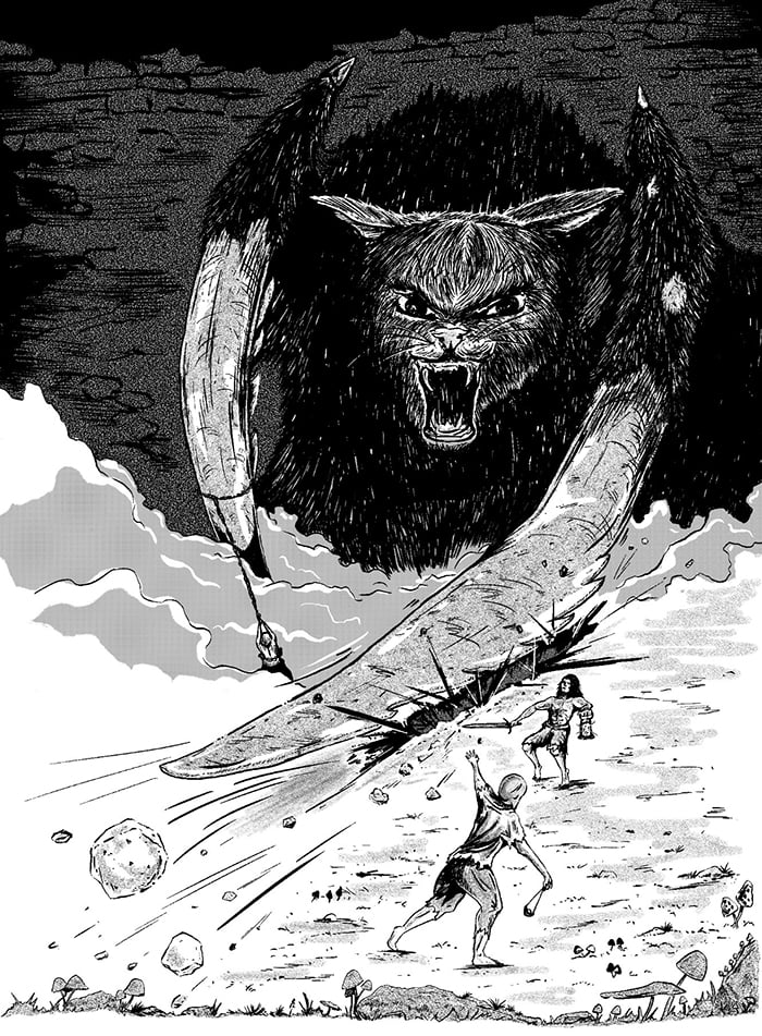 A giant mantis-cat monster attacks tiny little people, who feebly try to fight back.