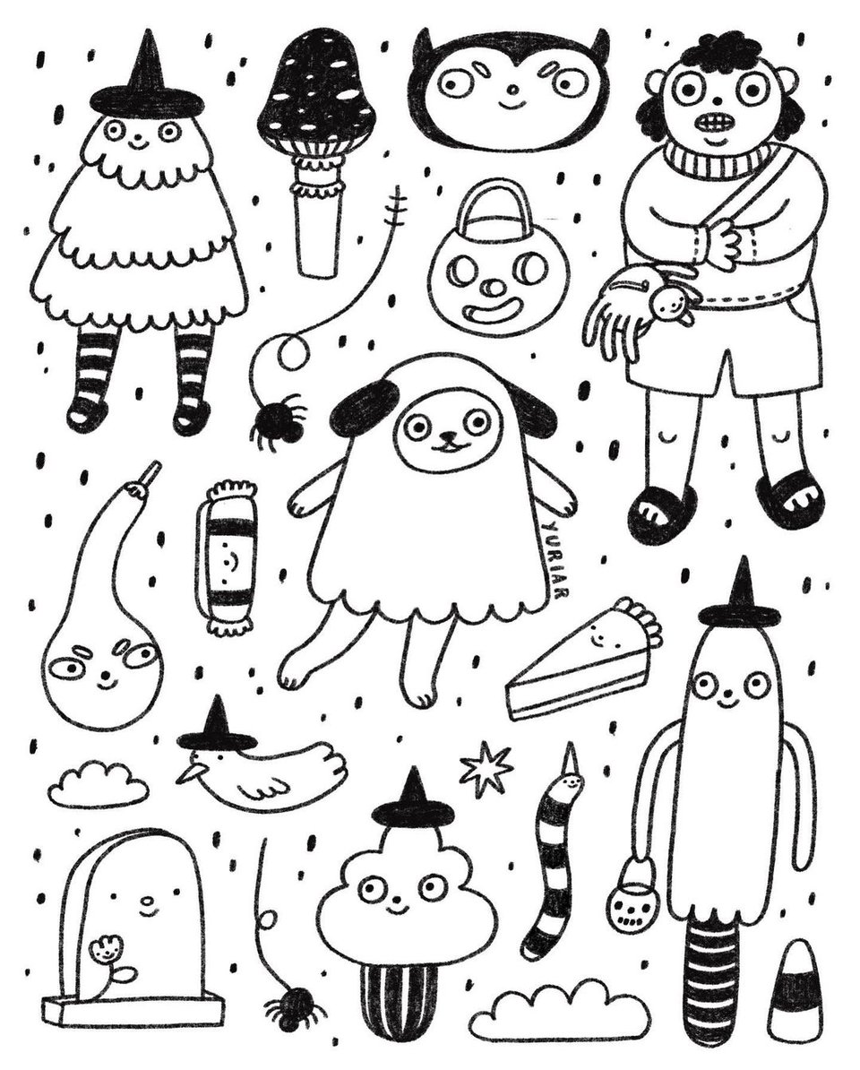 A black and white illustration of little characters dressed in kinda spooky things like a witch hat or striped leggings, although not all of them have legs. There's a smiling tombstone and a dog in a ghost costume too.