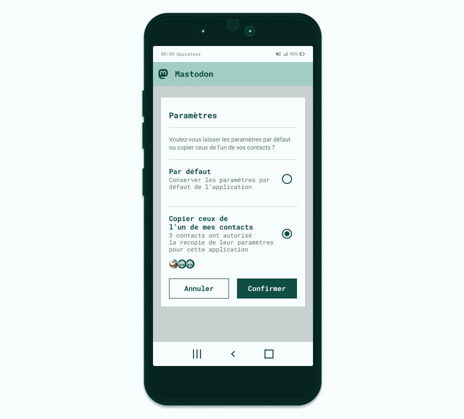 Interface avec la possiblité de copier les paramètres de ses contacts