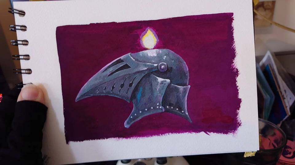 Photograph of an unfinished painting. An armoured helm with a long beak against a magenta background.