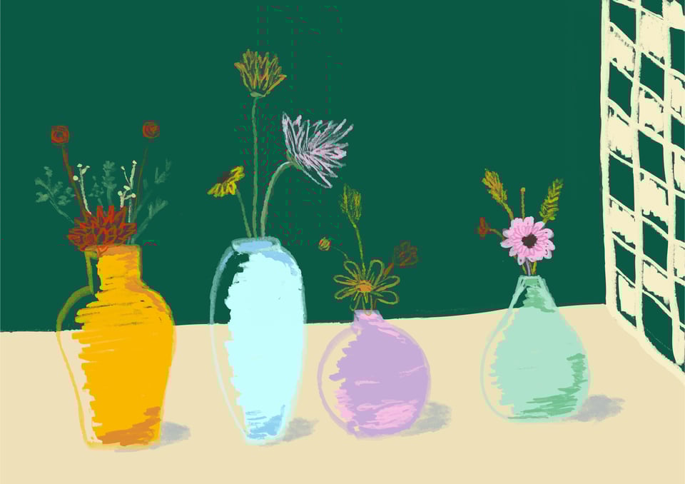 illustration of four vases of flowers