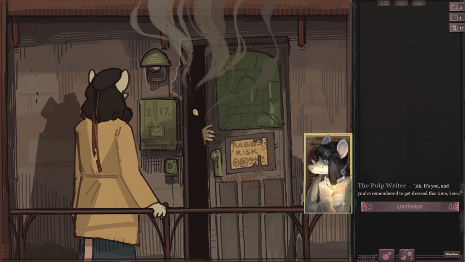 Lovely lady RPG screenshot showing the Pulp Writer commenting on the main character getting dressed